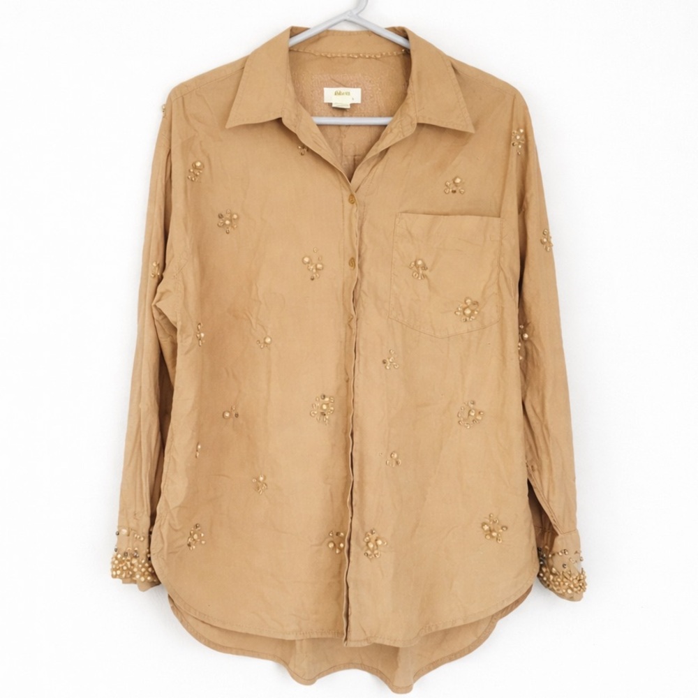 Anthropologie Maeve Bennet Button Shirt Pearl Embellished Art Deco Tan Medium - Picture 2 of 11